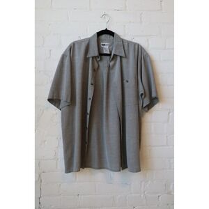 Untied Mens Large Gray White Micro Check Short Sleeve Button Down Shirt Rayon L